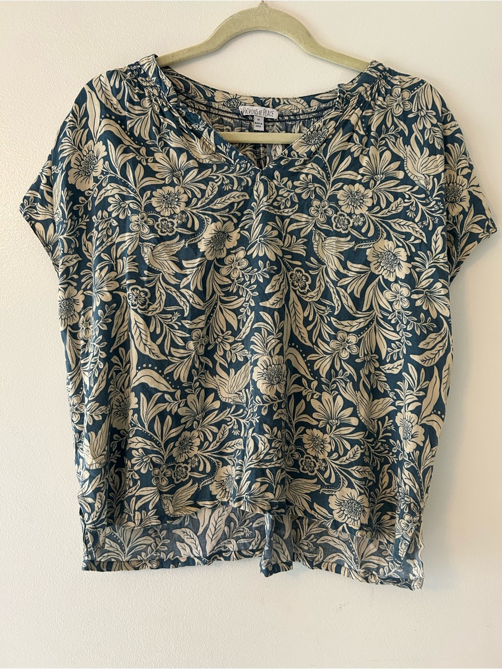 Patrons of Peace Blue Floral Short Sleeve Top with Cream Print